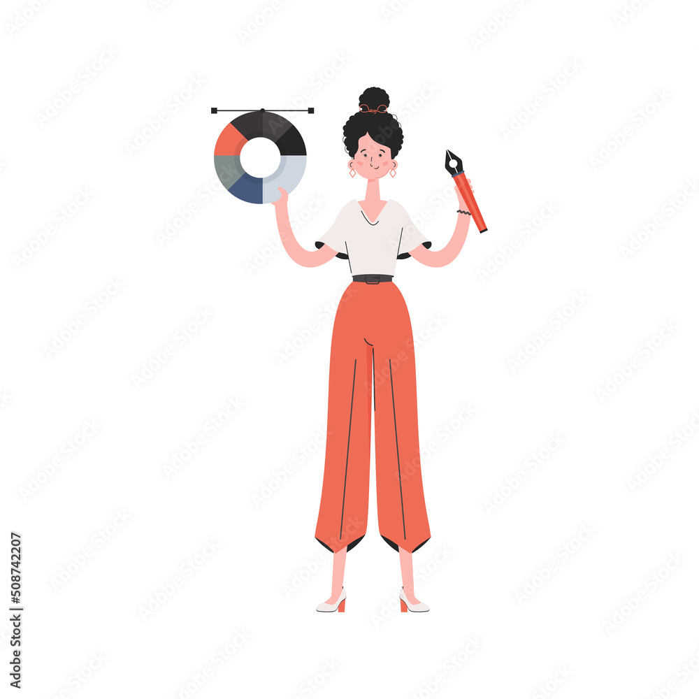 A woman stands in full growth and holds a color palette in her hands. Isolated. Element for presentations, sites. A woman stands in full growth and holds a color palette in her hands. Isolated. Element for presentations, sites.