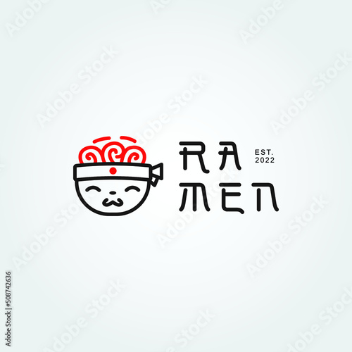 Ramen japanese noodle with cute face character in bowl logo concept