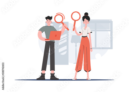 A man and a woman are standing in full growth holding a magnifying glass in their hands. Search. Element for presentations, sites.