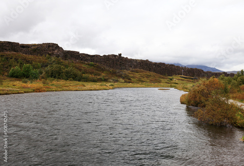 landscape of the Thingvellir national park in Iceland. The place where North American and Eurasian tectonic plates meet. photo