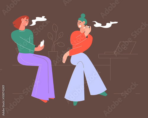 Young female diverse persons with colored hair vaping, smoking vape
