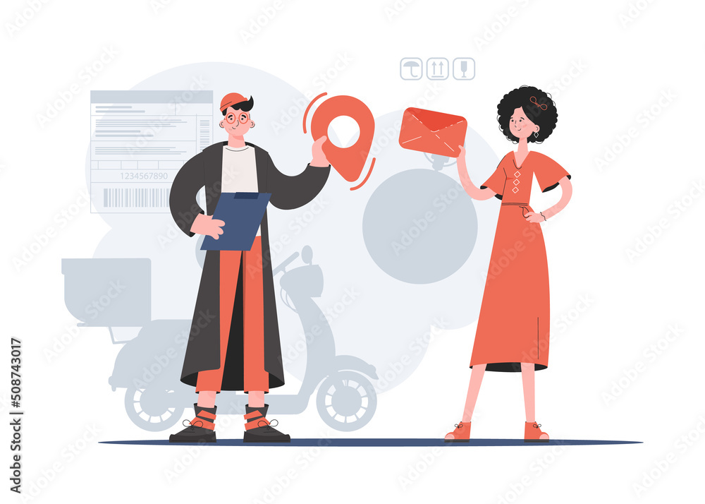 A man and a woman are standing in full growth, holding a geolocation icon and an envelope in their hands. Communications. Element for presentations, sites.