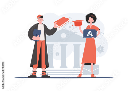 A man and a woman stand in full growth with a graduation hat and a book in their hands. Education. Element for presentations, sites.