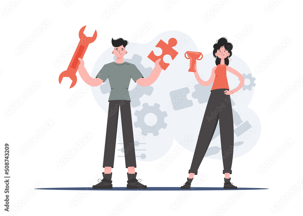 A man and a woman stand in full growth and hold a puzzle, a wrench and a goblet. Tech support. Element for presentations, sites.