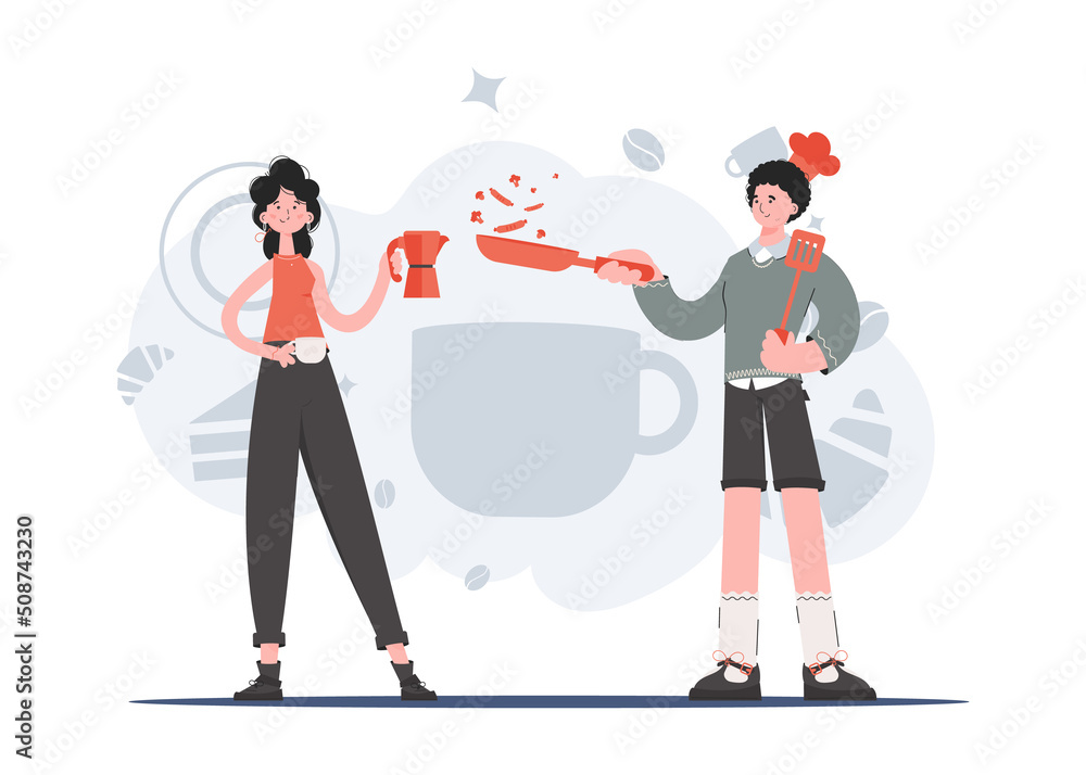 A man and a woman stand in full growth and hold a coffee pot and a frying pan. Coffee shop. Element for presentations, sites.