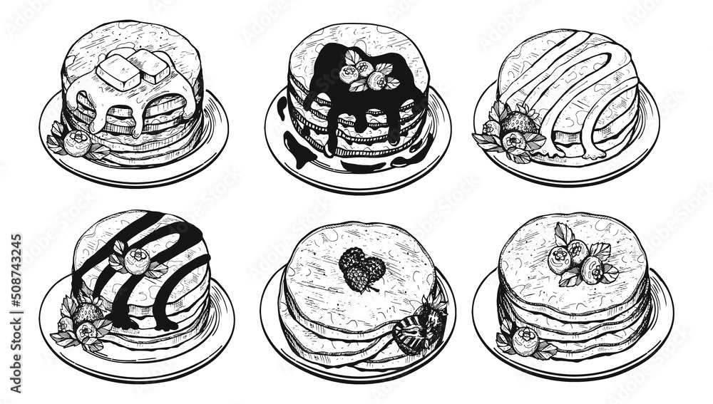 pancakes butter vector doodles. berry pancakes vector, freehand drawing. collection of pancakes vector sketch.