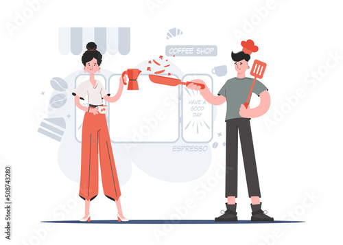 A man and a woman stand in full growth and hold a spatula and a coffee pot. Coffee shop. Element for presentations, sites.
