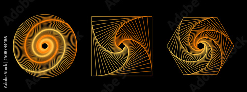 Set of 3D twisted gold gradient spirals. Geometry tunnel with lines. Abstract technology circle, square and heptagon. Vector illustration.