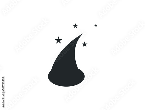Black magic hat with wand stick, magical performance, wizard.