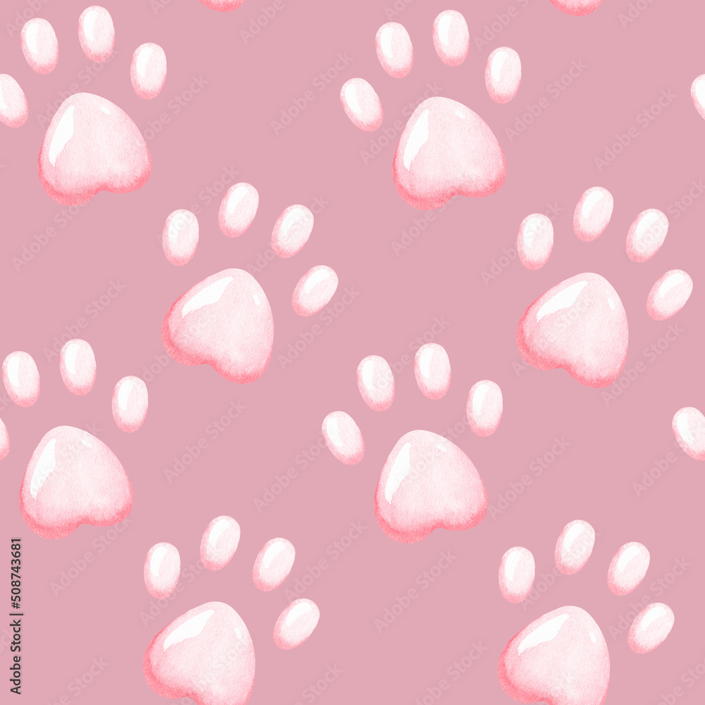Seamless paws pattern. Watercolor illustration. Isolated on a pink background. Seamless paws pattern. Watercolor illustration. Isolated on a pink background.