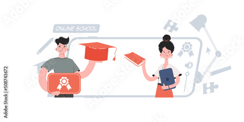 A man and a woman stand with a belt and hold a diploma and a graduation hat. Education. Element for presentations, sites.