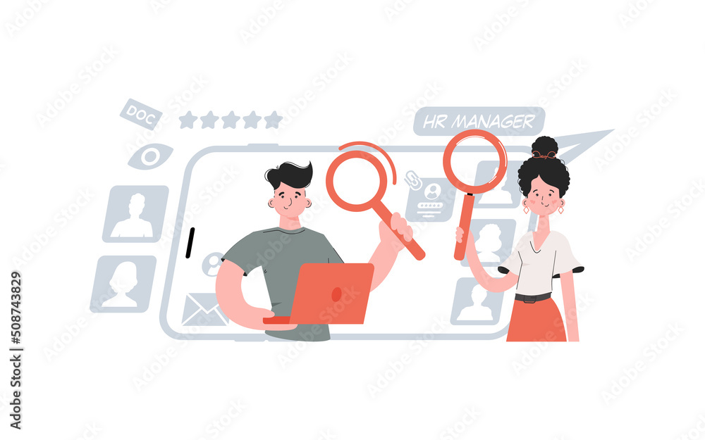 A man and a woman stand with a belt and hold a magnifying glass. Search Element for presentations, sites.