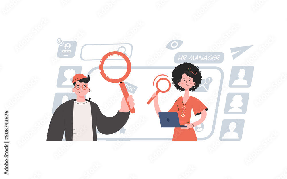 A man and a woman stand with a belt and hold a computer and a magnifying glass. Search Element for presentations, websites. A man and a woman stand with a belt and hold a computer and a magnifying glass. Search Element for presentations, websites.