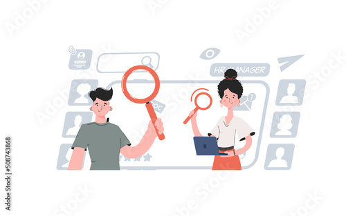 A man and a woman are standing belt and holding a laptop. Search Element for presentations, websites.