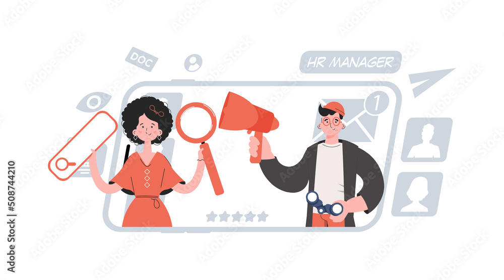 A man and a woman are standing belt and holding a web search bar and a magnifying glass. Human resource. Element for presentations, sites.