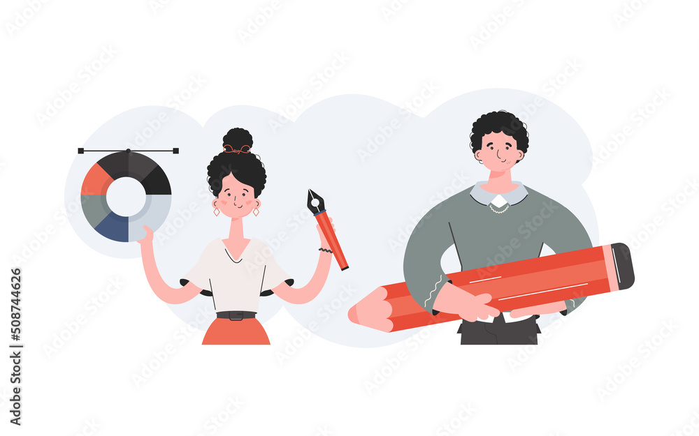 A man and a woman stand with a belt and hold a large pencil. Design. Element for presentations, sites.