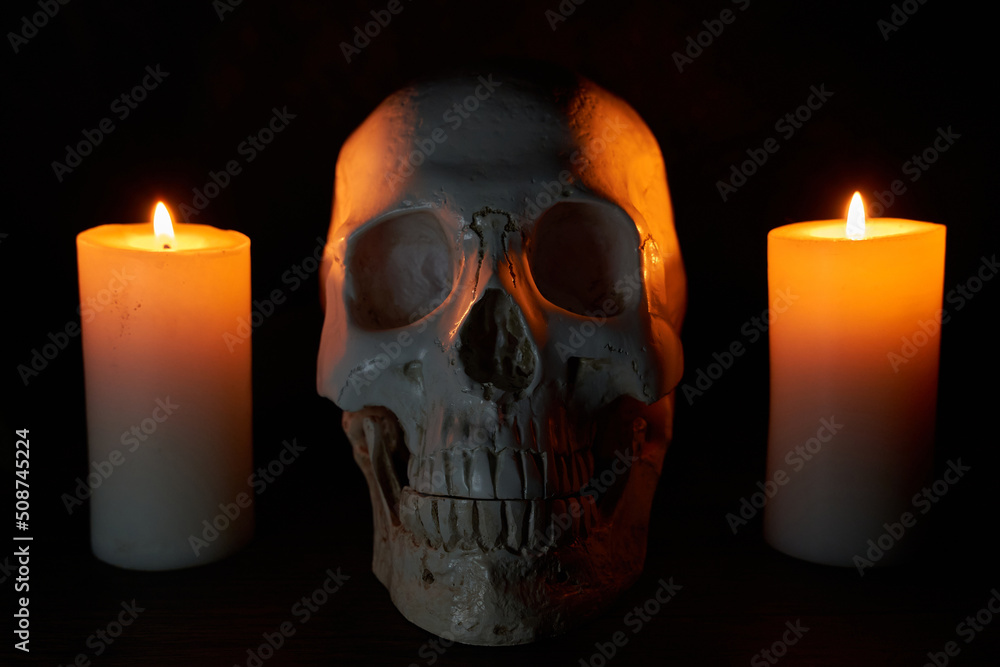white skull with candles in dark or black on a background white skull with candles in dark or black on a background