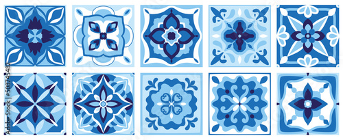 Ceramic tiles set in blue cobalt colors. Azulejo, Spanish pattern, Patchwork floral ornaments, Portuguese background. Majolica, decorative pottery design, vector illustration.