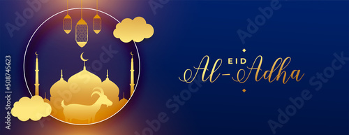 eid al adha mubarak elegant banner with mosque and goat