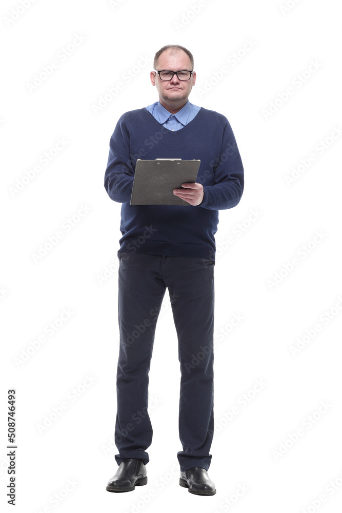 in full growth. serious man with a clipboard. in full growth. serious man with a clipboard.