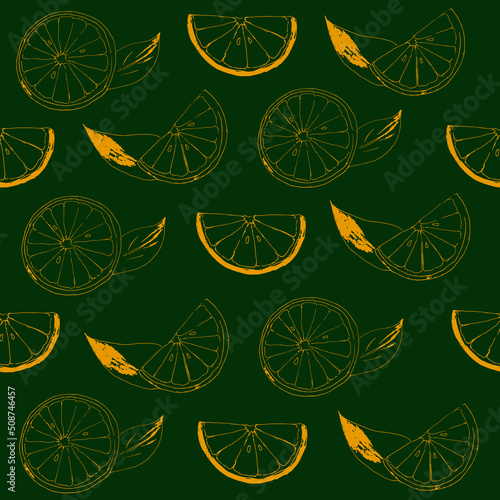 Lemon piece isolated with green background. Orange and lemon leaf