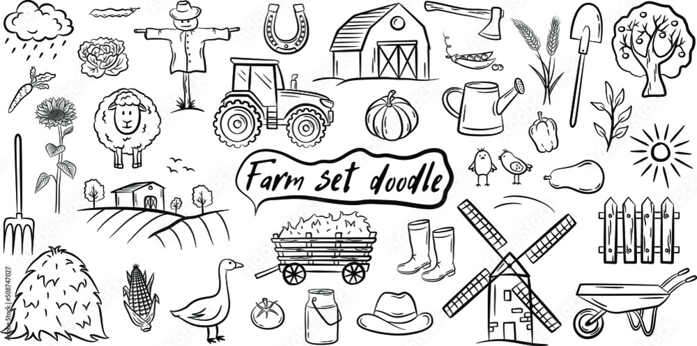 Fototapeta Farm vector doodle collection isolated on white background. Various types - dairy, poultry, meat, fruits, vegetables, plantation, agricultural buildings, animals and poultry, vehicles and equipme