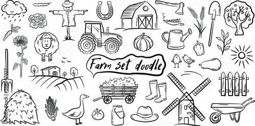 Farm vector doodle collection isolated on white background. Various types - dairy, poultry, meat, fruits, vegetables, plantation, agricultural buildings, animals and poultry, vehicles and equipme