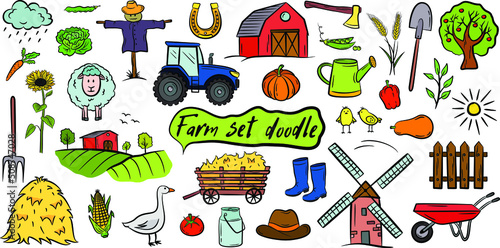 Farm vector doodle collection isolated on white background. Various types - dairy, poultry, meat, fruits, vegetables, plantation, agricultural buildings, animals and poultry, vehicles and equipme