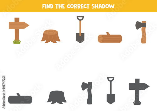 Find the correct shadows of cartoon camping elements. Logical puzzle for kids.