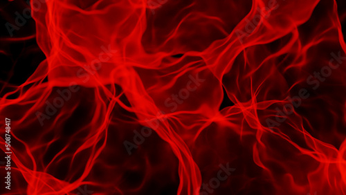 Red abtract background, glowing smoke pattern isolated on black, 3D render illustration.