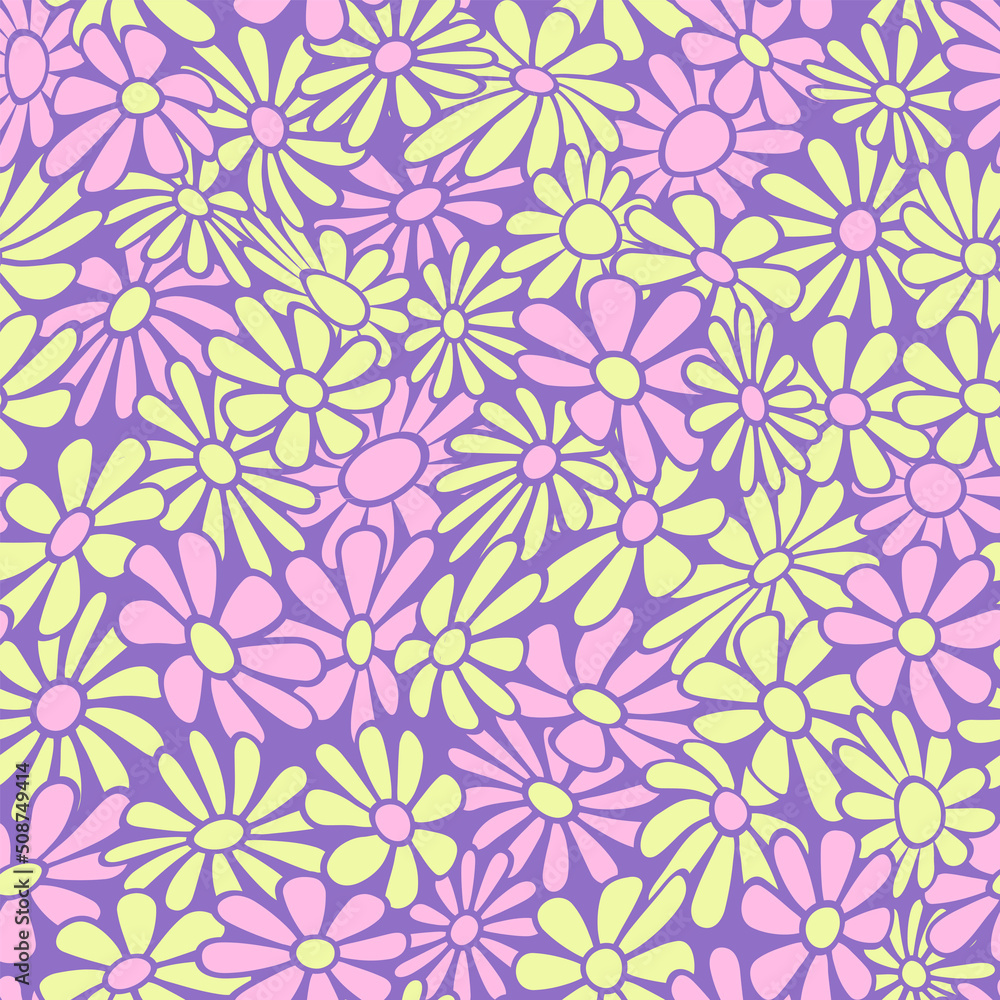 Nostalgic retro 70s groovy print. Hippie style vector seamless pattern.Vintage floral background. Textile and surface design in old fashioned colors