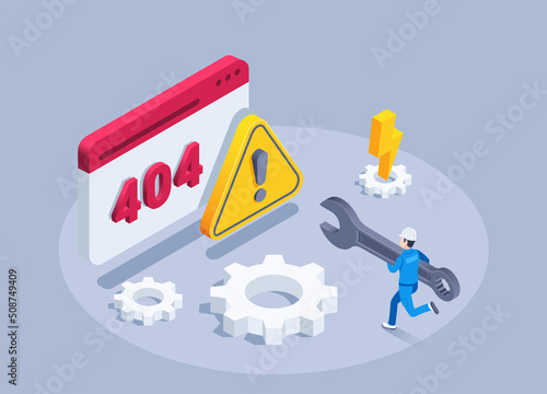 isometric vector illustration on a gray background, a man with a wrench runs to the browser window with the numbers 404 and an exclamation mark, web page error
