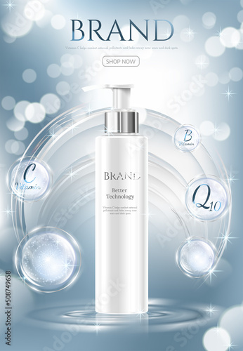 Concept Skin Care cosmetic. Regenerate cream and extract Background. Ads banner  with atoms molecule. Vector illustration.