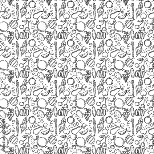 seamless vegetarian food pattern. Doodle vector with vegetarian food icons on white background. Vintage food icons