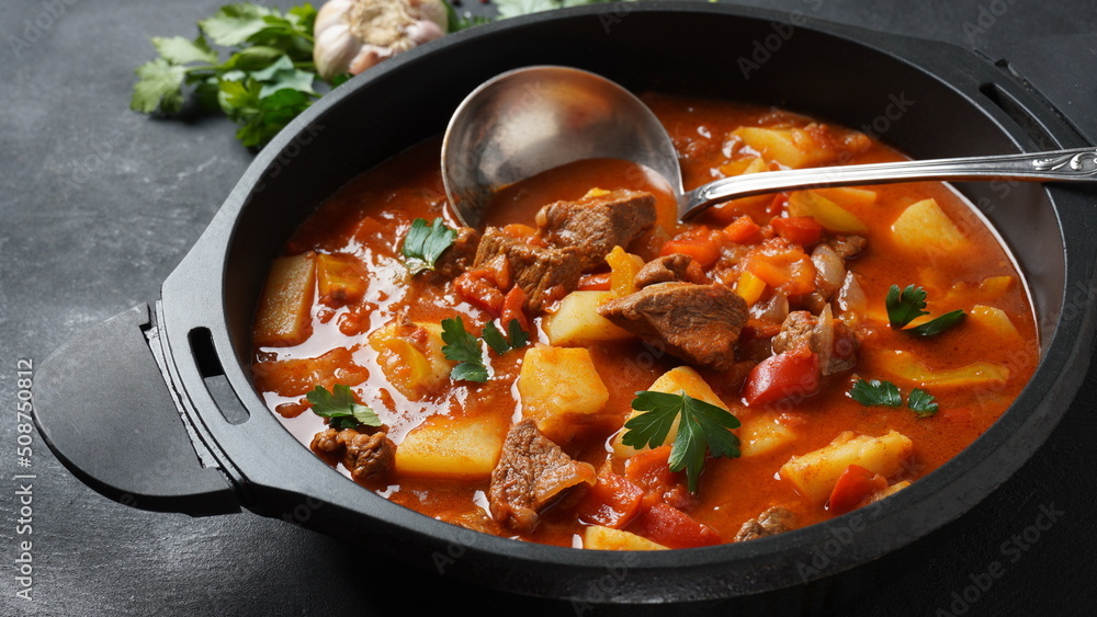 Αυτοκόλλητο Beef goulash, soup and a stew, made of beef chuck steak, potatoes and plenty of paprika