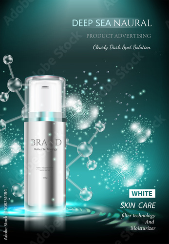Concept Skin Care cosmetic. Regenerate cream and extract Background. Ads banner  with atoms molecule. Vector illustration.