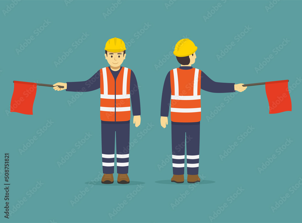 Stockvektorbilden Isolated construction worker holding red flag. Hand