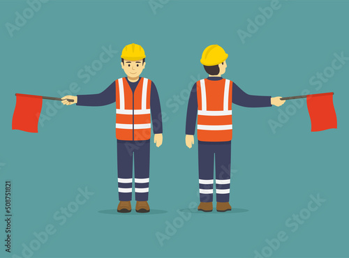 Isolated construction worker holding red flag. Hand signals using flag. Front and back view of a worker. Flat vector illustration template.
