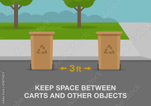 Residential waste and recycling or trash pickup service rules. Correct placement of containers. Keep space between carts and other objects. Flat vector illustration template. 