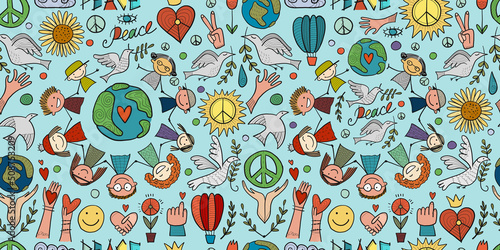 International peace day. Doves. People Holding Hands together. Seamless pattern for your design