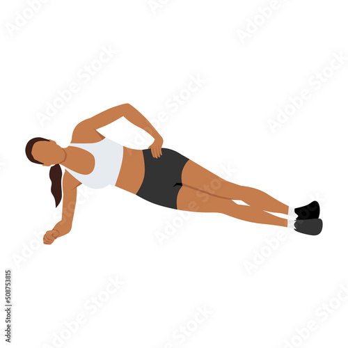 Woman doing Side plank exercise. Flat vector illustration isolated on white background