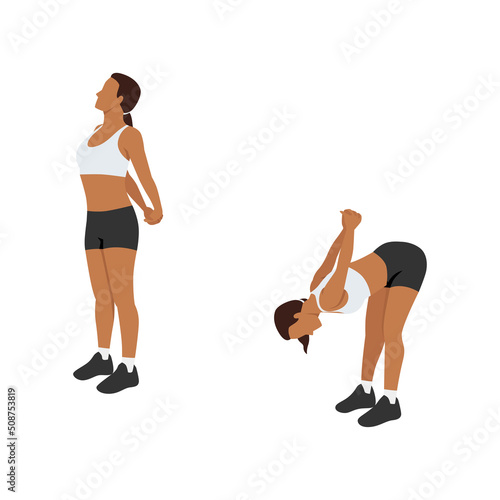 Woman doing Biceps stretch exercise. Flat vector illustration isolated on white background