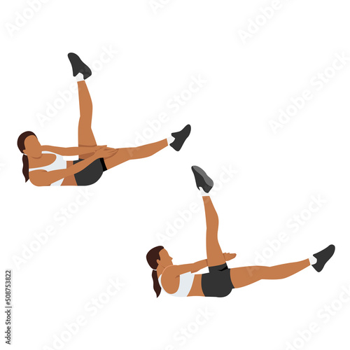 Woman doing Side crunch leg raise exercise. Flat vector illustration isolated on white background