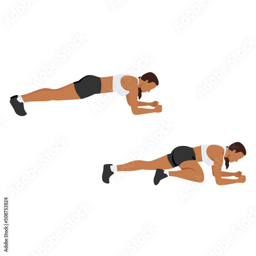 Woman doing Spider plank exercise. Flat vector illustration isolated on white background