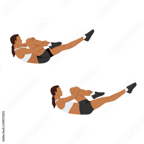 Woman doing Single leg stretch exercise. Flat vector illustration isolated on white background