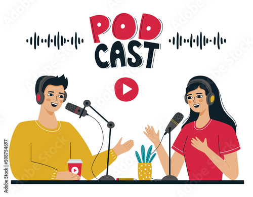A girl and a man record a podcast, an online radio show. People with headphones are talking into a microphone. The concept of podcasting, broadcasting. Flat color vector characters isolated on white