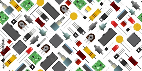 Set of radio components. Background image. Seamless pattern. Element for radio circuit. Object isolated on white. Electronics detail. Vector