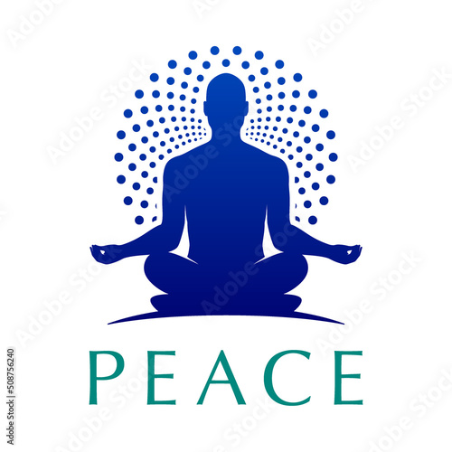 Yoga logo of a human in a lotus pose with a round ornamental halo. Meditating guru man vector logotype.