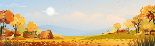 Autumn rural landscape in evening light with sunset, blue and orange sky background,Vector Cartoon fall season at countryside with forest tree and grass field with sunrise,Backdrop natural
