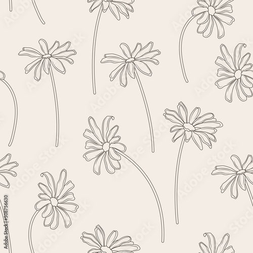 Vector seamless pattern with flowers of daisies. In sketch style. Draft pattern for fabric, textile, wrapping paper, wallpaper, for design and decoration. © Gulsim